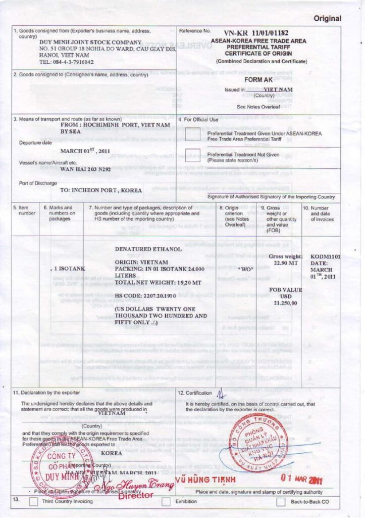 Overview of Certificate of Origin (CO) form AK for Exporting Goods to Korea